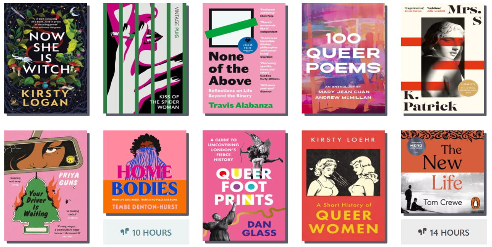 Selection of book covers for LGBTQ+ History Month available on the Libby app.